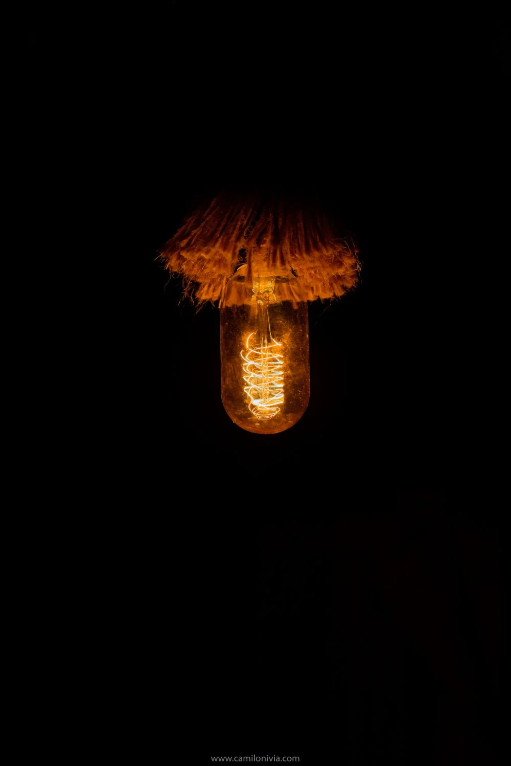 Bombillo en la oscuridad en cabaña de montañ San Sebastián.